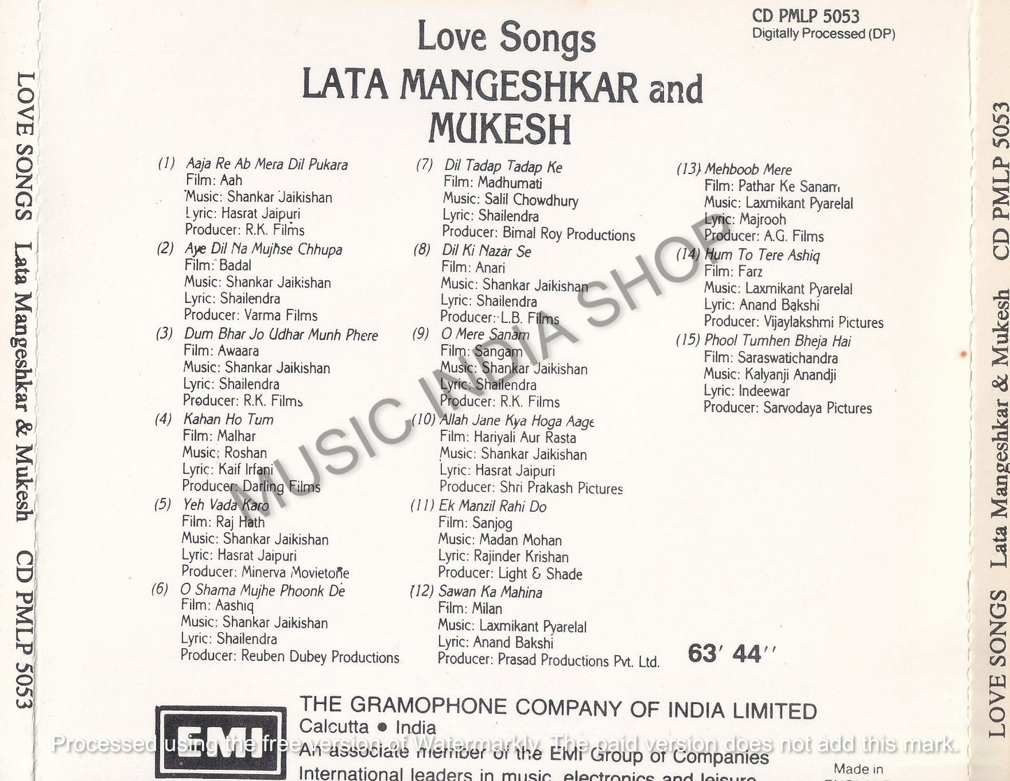 CD PMLP 5033 - LOVE SONGS - LATA MANGESHKAR AND MUKESH