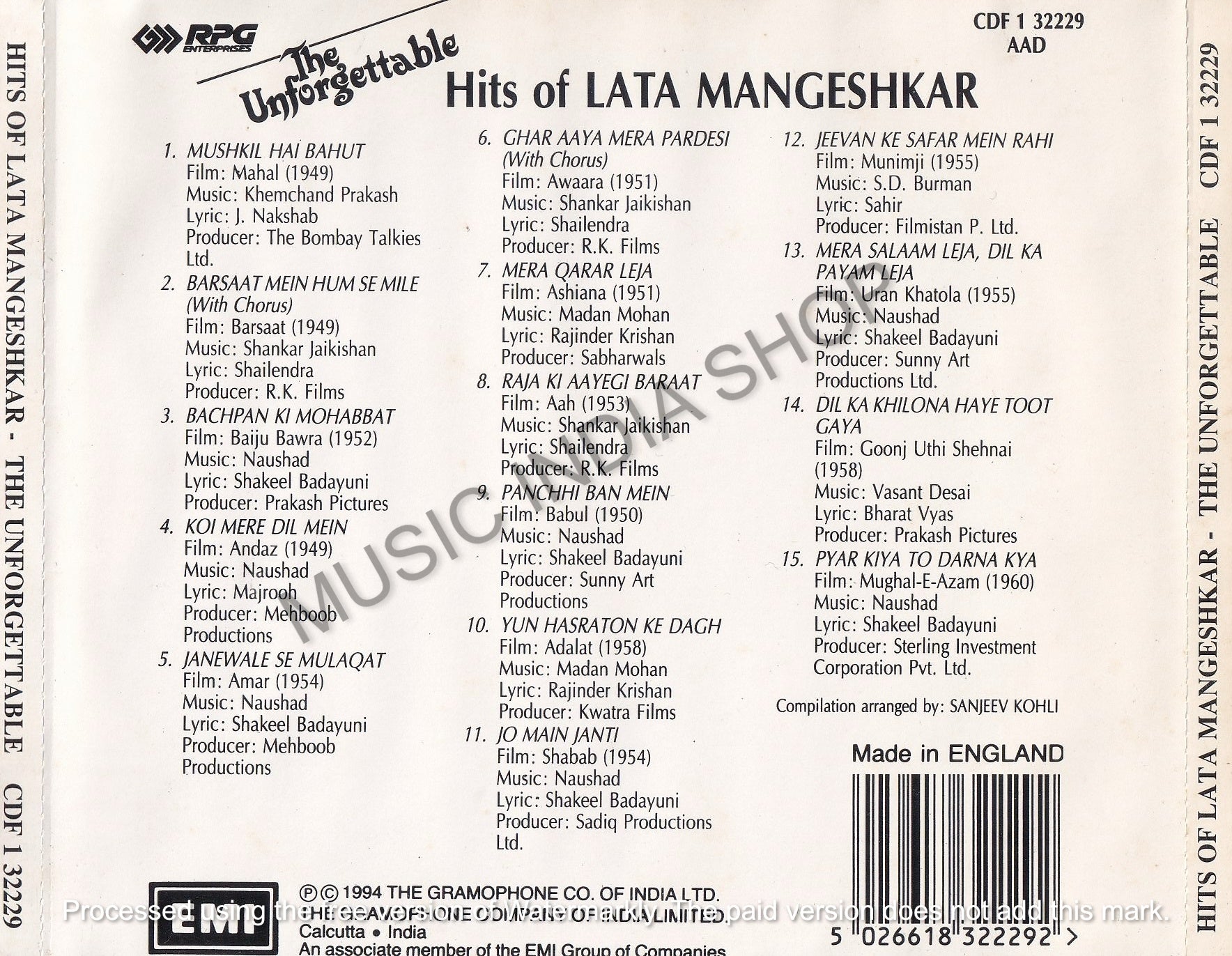 Hindi Audio Cd,Lata Mangeshkar,EMI,RPG,The Unforgettable Hits Of Lata Mangeshkar