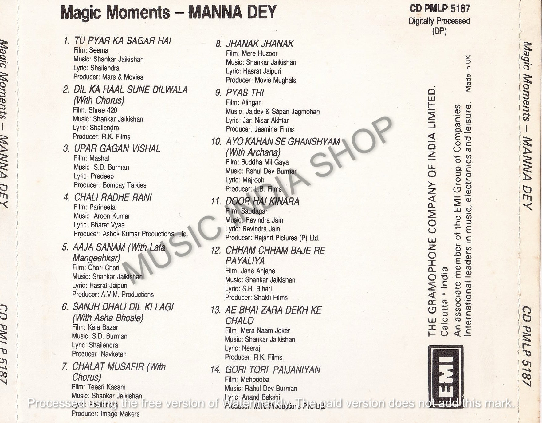 Hindi Audio CD,Manna Dey,EMI