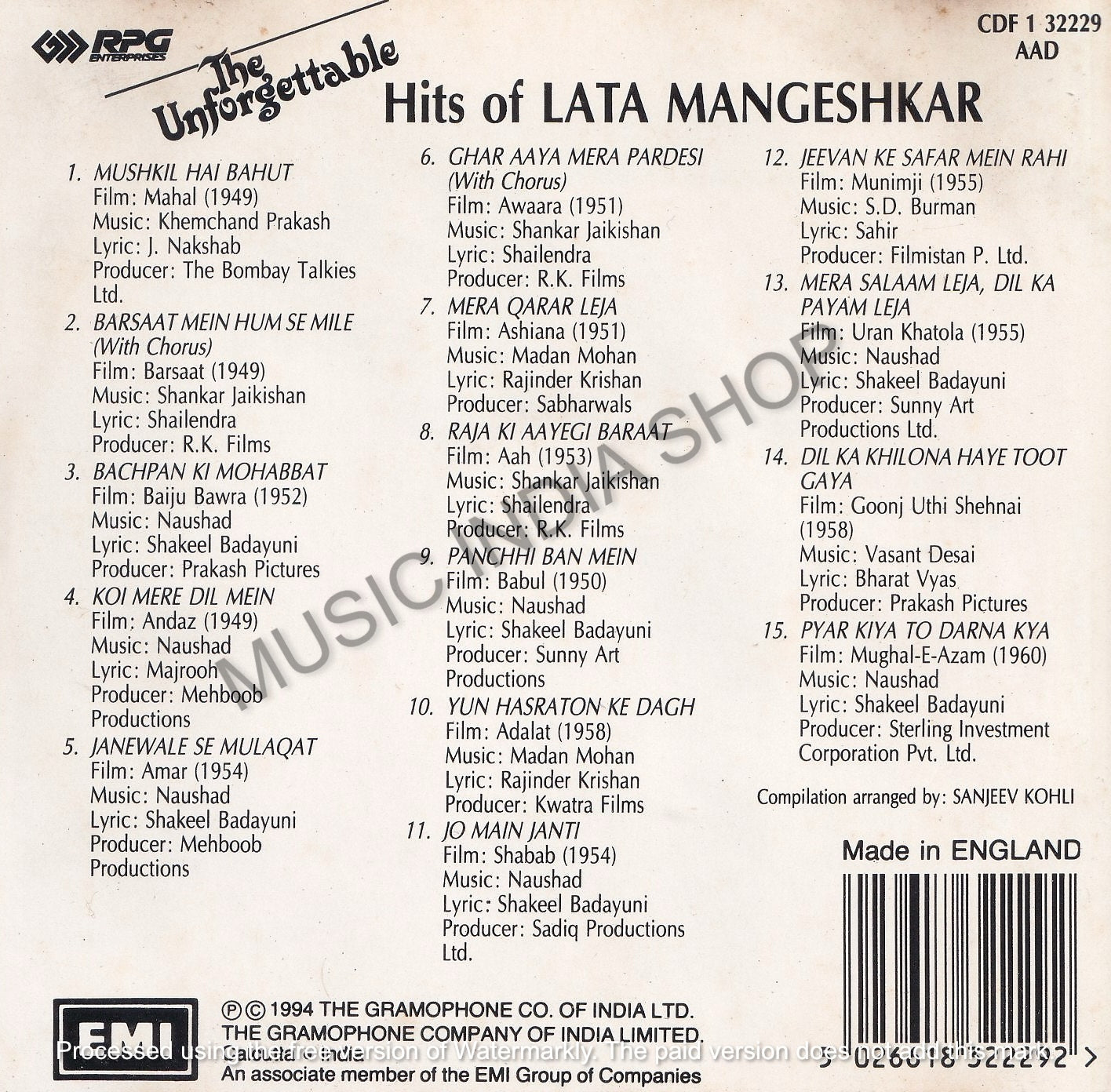 Hindi Audio Cd,Lata Mangeshkar,EMI,RPG,The Unforgettable Hits Of Lata Mangeshkar